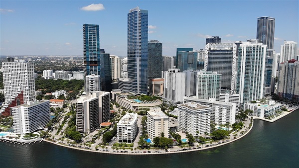 Skyrise building and waterfront on Brickell Bay Drive