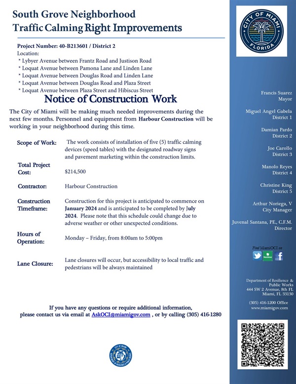Notice of Construction Letter For Group 2 of The South Grove Traffic Calming Devices