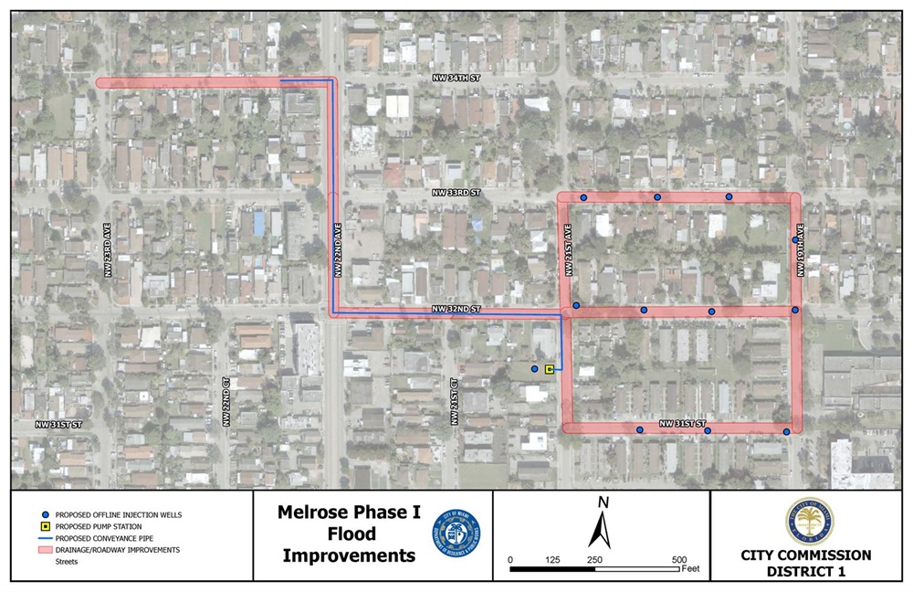 Map of flood improvements streets in the Melrose Neighborhood