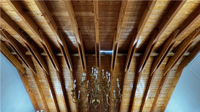 Photo of completed interior roof woodwork in Simpson Park