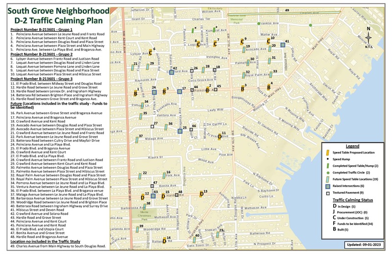 Map showing the location of all upcoming traffic calming devices in South Coconut Grove