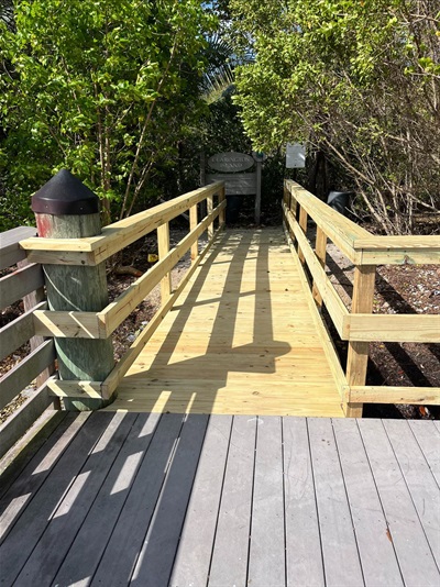 Photo of Spoil Island E's new wooden walkway from the dock