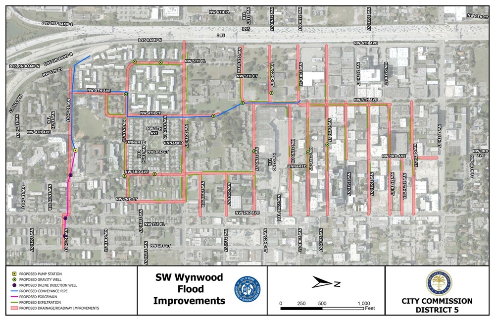 Map showing flood upcoming improvement areas in the Wynwood neighborhood