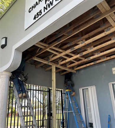 Photo of Charlie DeLucca Park porch ceiling during construction