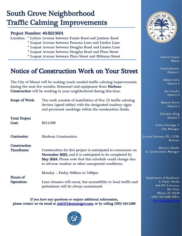 Notice of Construction for South Coconut Grove Traffic Calming Improvements