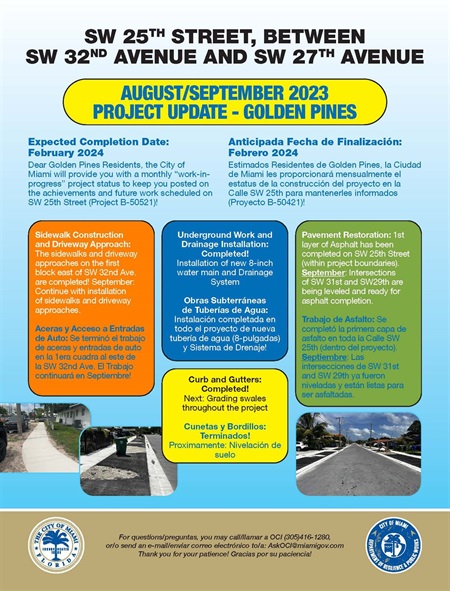 Golden Pines Monthly Status Update Flyer August 2023 Page 1