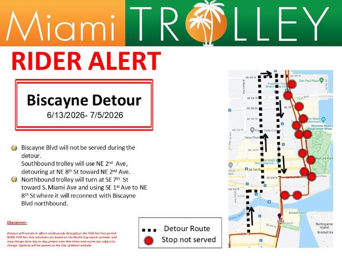 Biscayne Trolley Detour Map - June 13, 2026-July 5, 2026