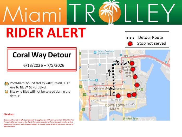 Coral Way Trolley Detour Map - June 13, 2026-July 5, 2026