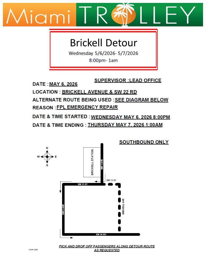 Brickell Trolley Detour: May 6-7, 2026 Map