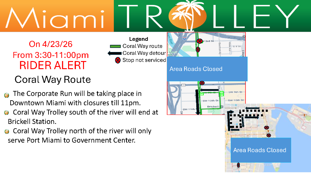 Coral Way Trolley Detour Map - April 23, 2026
