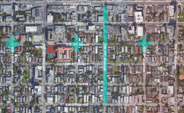 Map illustrating the project boundaries of 40-B213602 (SW 10 AV and intersections)