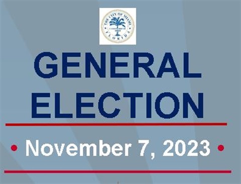 Blue square with City Seal and General Election November 7, 2023 written in it.