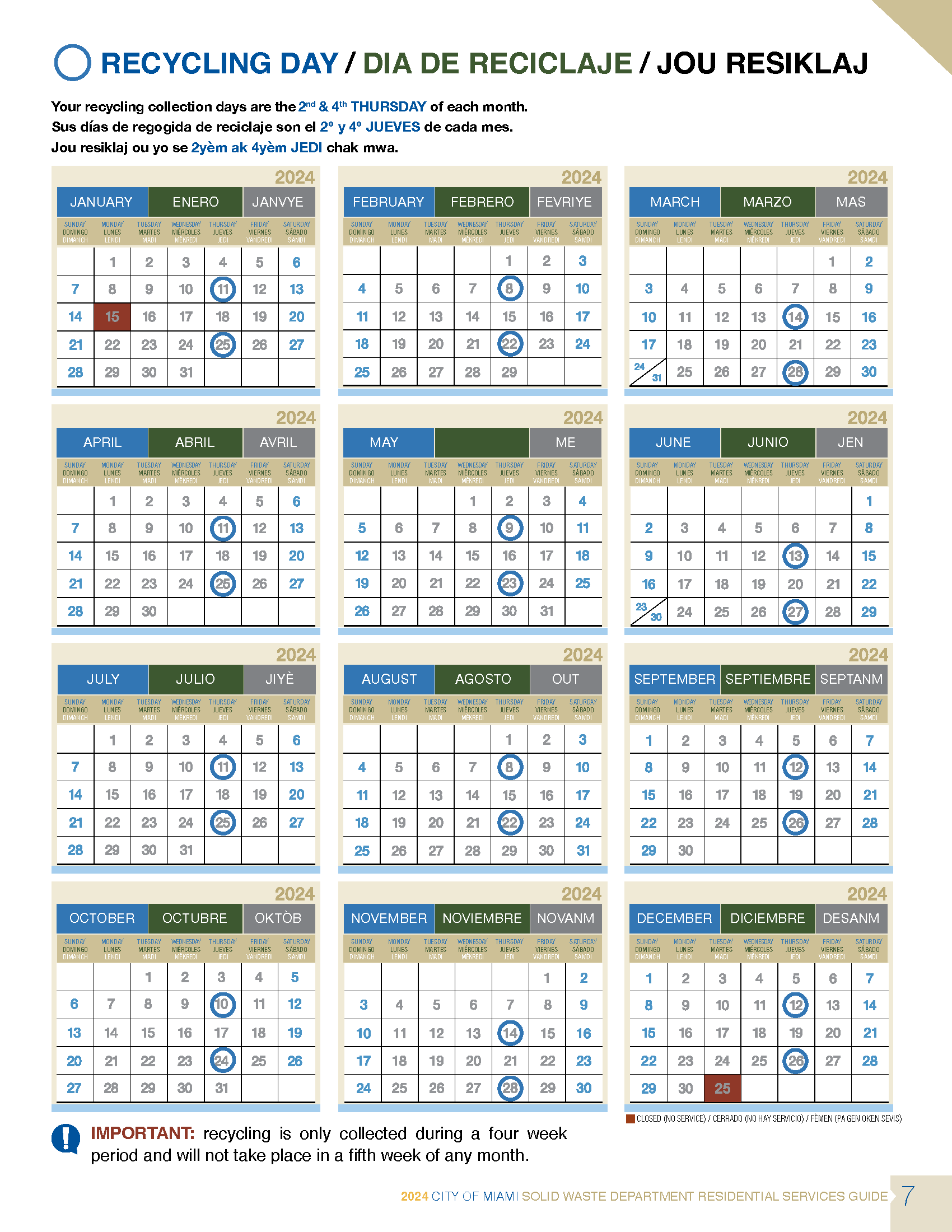 Recycling Calendar 2024 Thursday 2 & 4 Miami