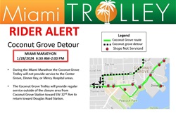 During the Miami Marathon the Coconut Grove Trolley will not provide service to the Center Grove, Dinner Key, or Mercy Hospital areas. • The Coconut Grove Trolley will provide regular service outside of the closure area from Coconut Grove Station toward SW 32nd Ave to return toward Douglas Road Station