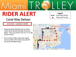 During the Miami Marathon the Coral Way Trolley will be detoured through Downtown Miami. Stops east of SW 1st Ave on S. 1st St wi not be serviced. 子 ivernment Center W Miami D ade College Wolfson Campus EB • The Coral Way Trolley will provide regular service outside ot the dosure area and vi service the PortMiami stops.