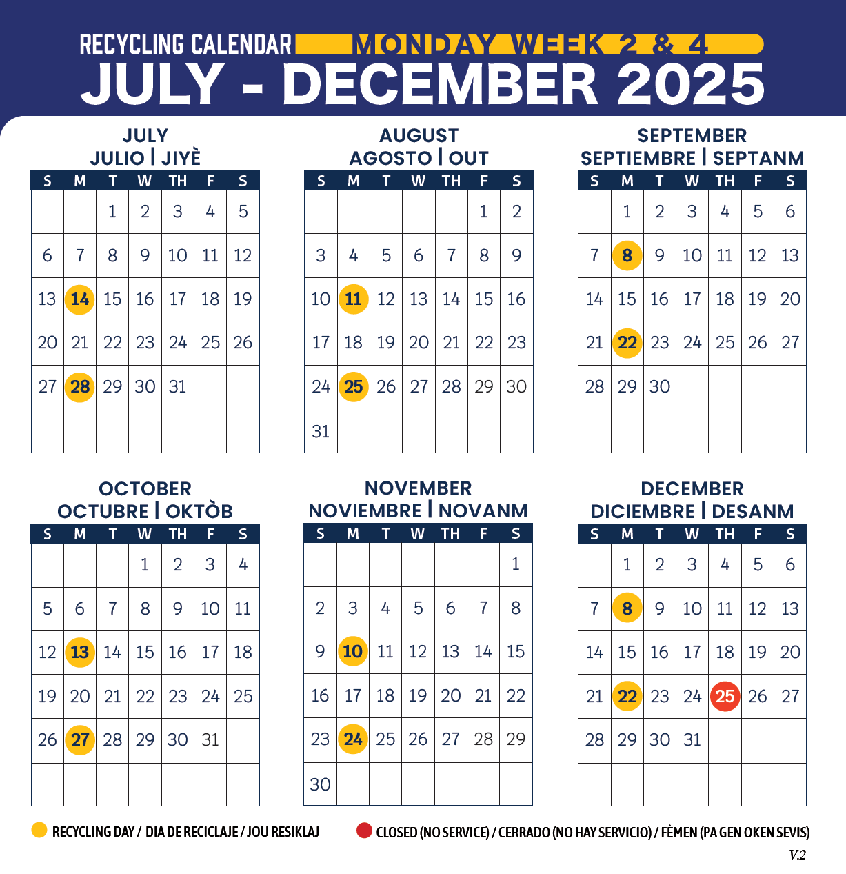 Recycling days per month for 2024 Monday's second and fourth week: Jan 8 and 22. Feb 12 and 26. Mar 11 and 25. Apr 8 and 22. May 13 and 27. Jun 10 and 24. Jul 8 and 22. Aug 12 and 26. Sep 9 and 23. Oct 14 and 28. Nov 11 and 25. Dec 9 and 23. 