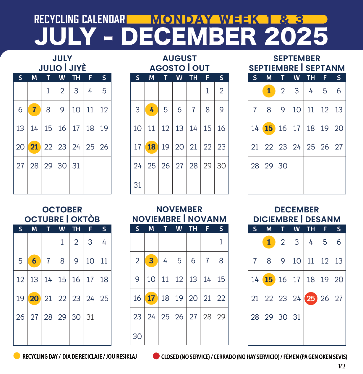 Recycling days per month for 2024 Monday's first and third week: Jan 1 and 17. Feb 5 and 19. Mar 4 and 18. Apr 1 and 15. May 6 and 20. Jun 3 and 17. Jul 1 and 15. Aug 5 and 19. Sep 2 and 16. Oct 7 and 21. Nov 4 and 18. Dec 2 and 16. 