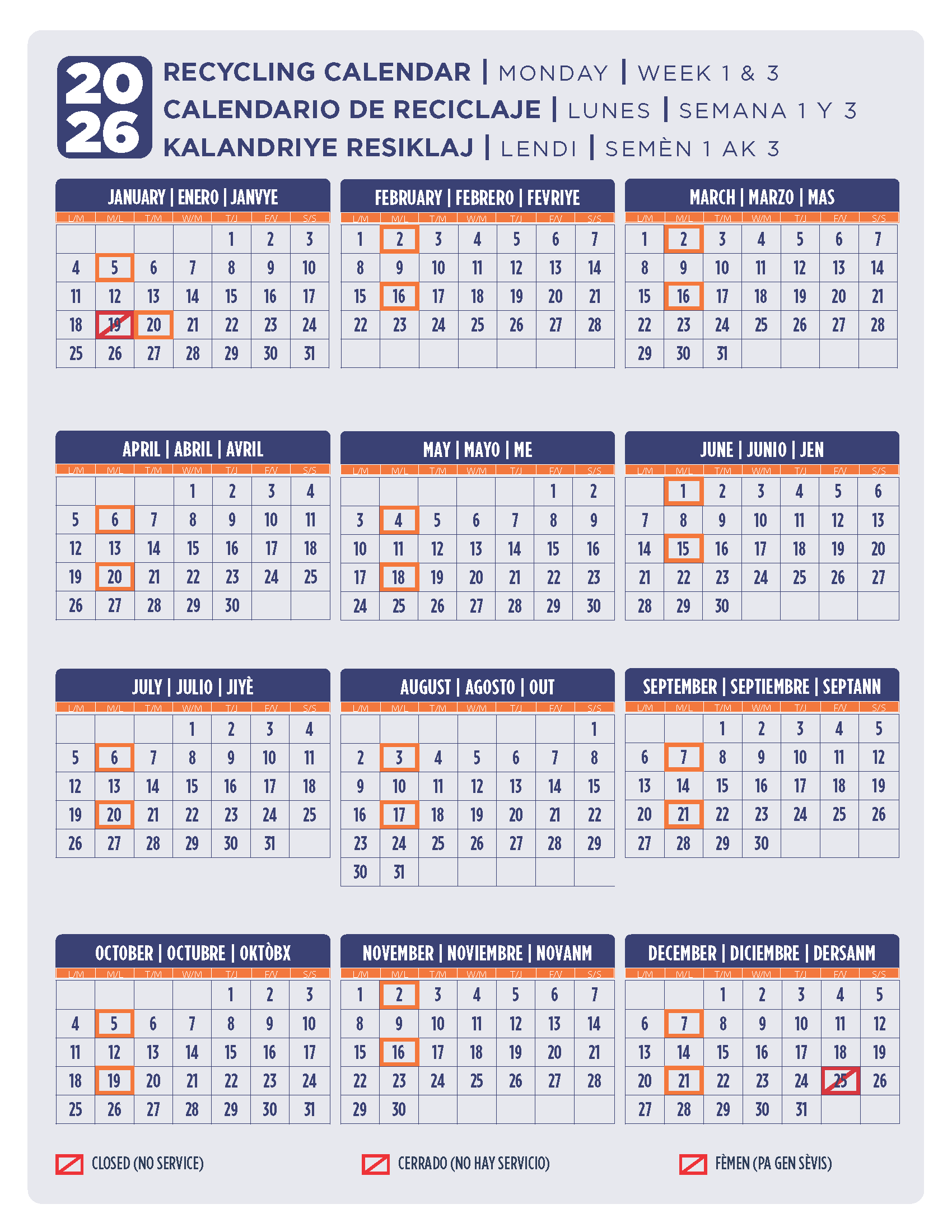 Recycling days per month for 2024 Monday's first and third week: Jan 1 and 17. Feb 5 and 19. Mar 4 and 18. Apr 1 and 15. May 6 and 20. Jun 3 and 17. Jul 1 and 15. Aug 5 and 19. Sep 2 and 16. Oct 7 and 21. Nov 4 and 18. Dec 2 and 16. 